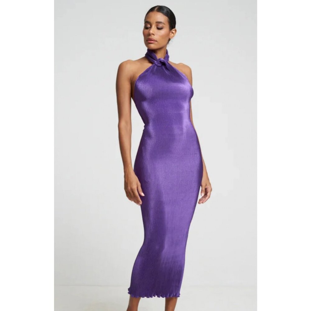 NWT L’idee Klum Lidi Pleated Bodycon Halter Gown in Arabia